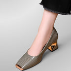 ZOFIA ATELIER grey snake pattern PU square toe chunky heel shoes with gold accent