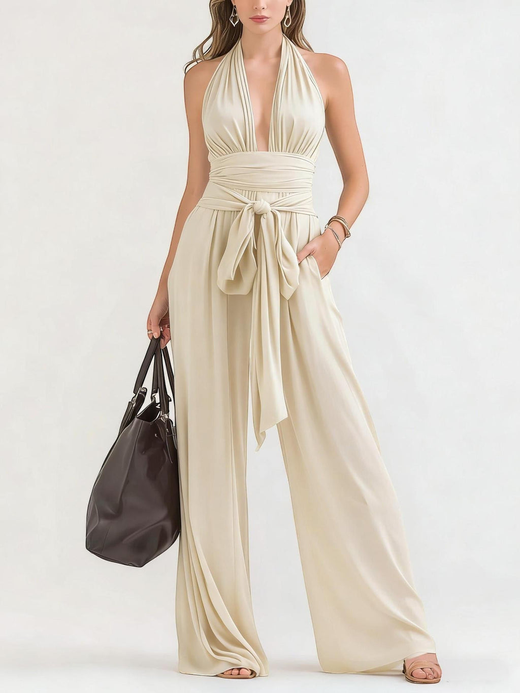 ZOFIA ATELIER TEODORA beige polyester silk blend halter-neck sleeveless wide-leg jumpsuit with tie waist.