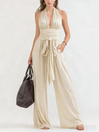 ZOFIA ATELIER TEODORA beige polyester silk blend halter-neck sleeveless wide-leg jumpsuit with tie waist.