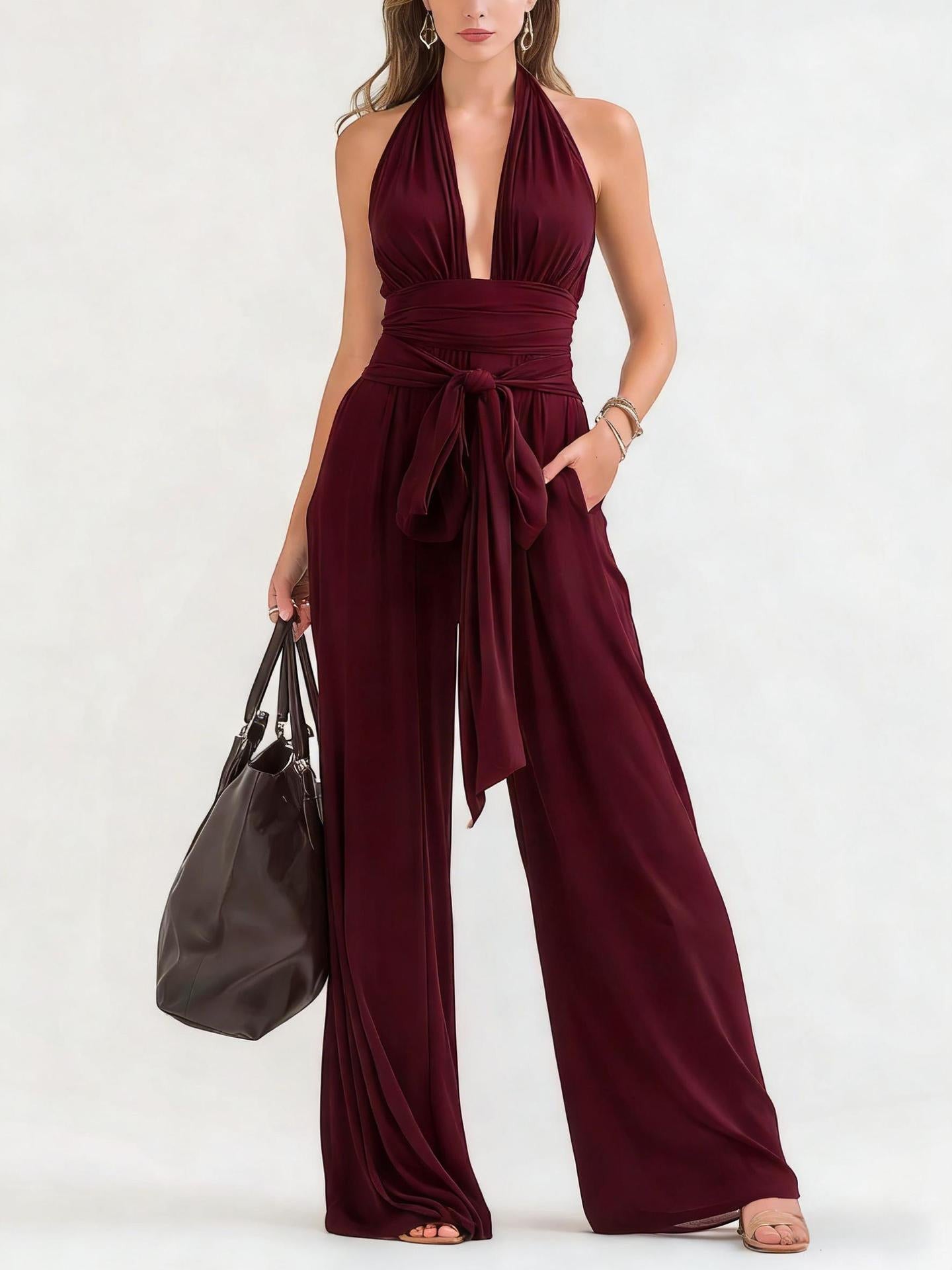 ZOFIA ATELIER TEODORA burgundy polyester halter-neck sleeveless wide-leg jumpsuit with tie waist and pockets.