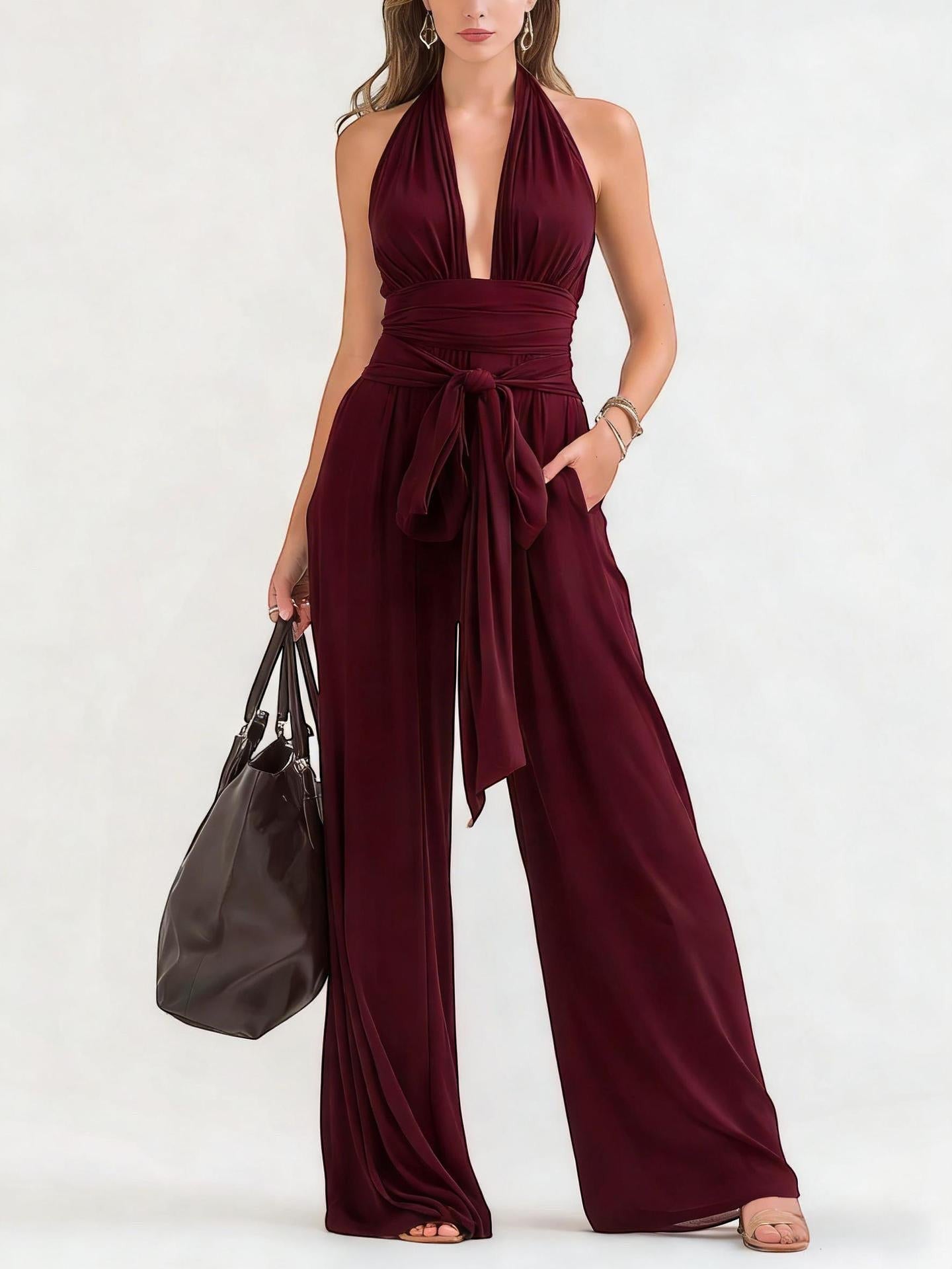 ZOFIA ATELIER TEODORA burgundy polyester blend halter-neck wide-leg jumpsuit with tie waist and pockets.