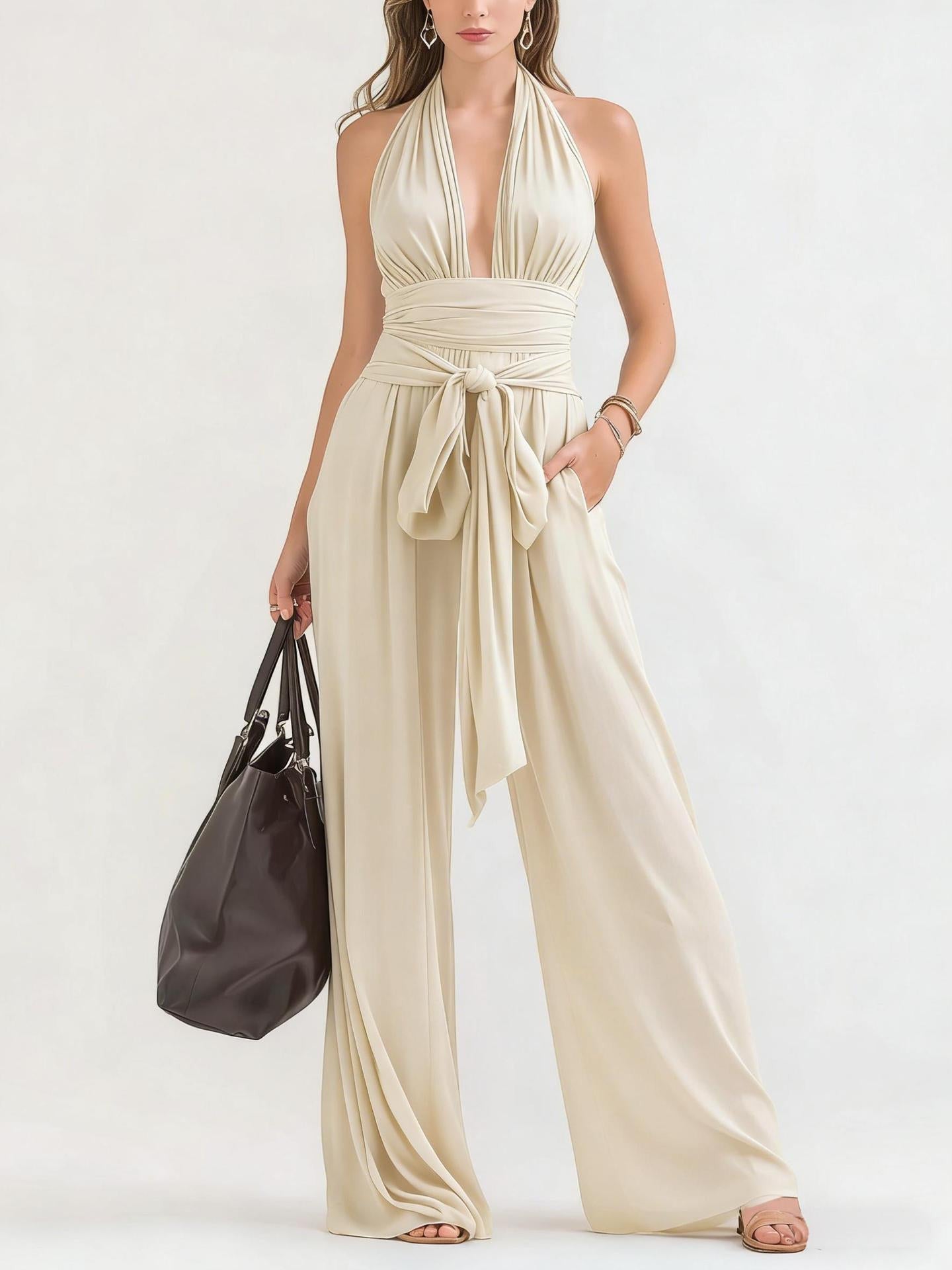 ZOFIA ATELIER cream polyester halter-neck wide-leg jumpsuit with tie waist and deep V-neck