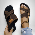 ZOFIA ATELIER Helena lightweight brown mesh fabric slippers with criss-cross straps and PVC sole.