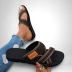 ZOFIA ATELIER Helena lightweight brown mesh fabric slip-on slippers with PVC sole. Casual footwear.