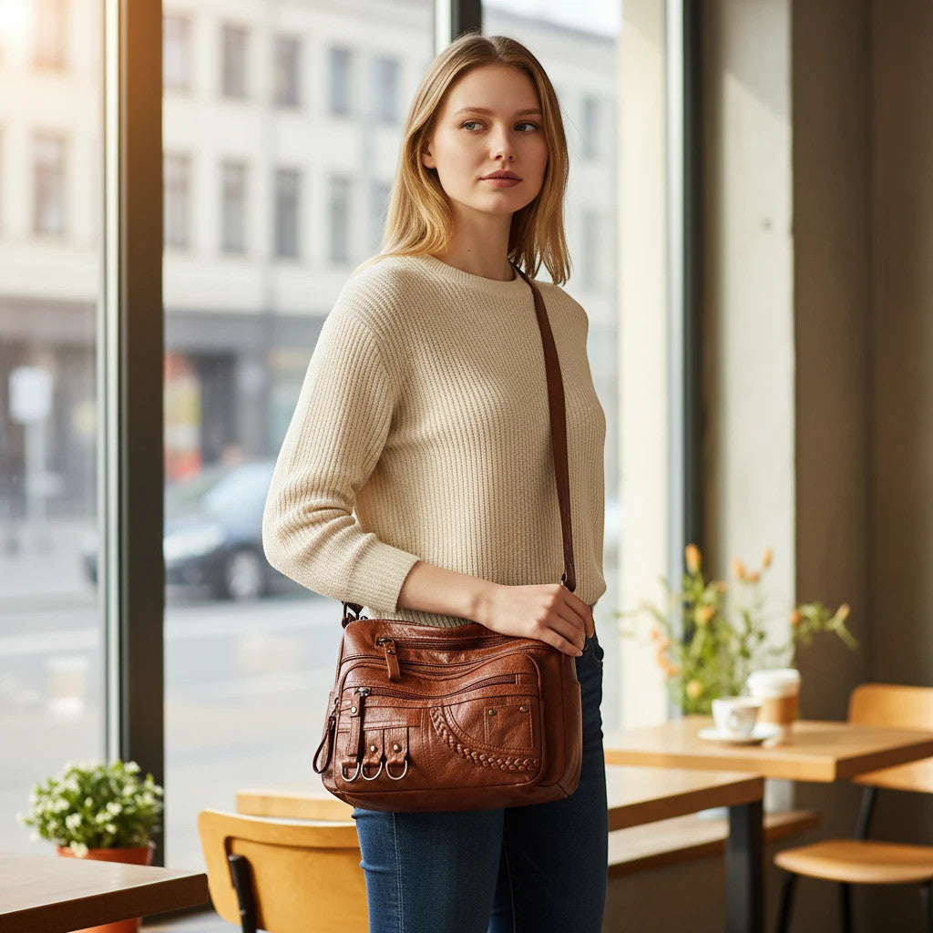 ZOFIA ATELIER Helena luxury crossbody bag in brown PU leather with braided detail and multiple pockets.