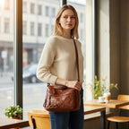 ZOFIA ATELIER Helena luxury crossbody bag in brown PU leather with braided detail and multiple pockets.