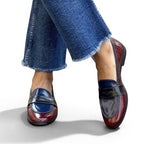 ZOFIA ATELIER HELENA classic slip-on loafers in burgundy and navy patent leather with a black strap detail.