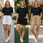 ZOFIA ATELIER Helena high-waist shorts in white pinstripe, black, and khaki. Spandex blend with metal accents.