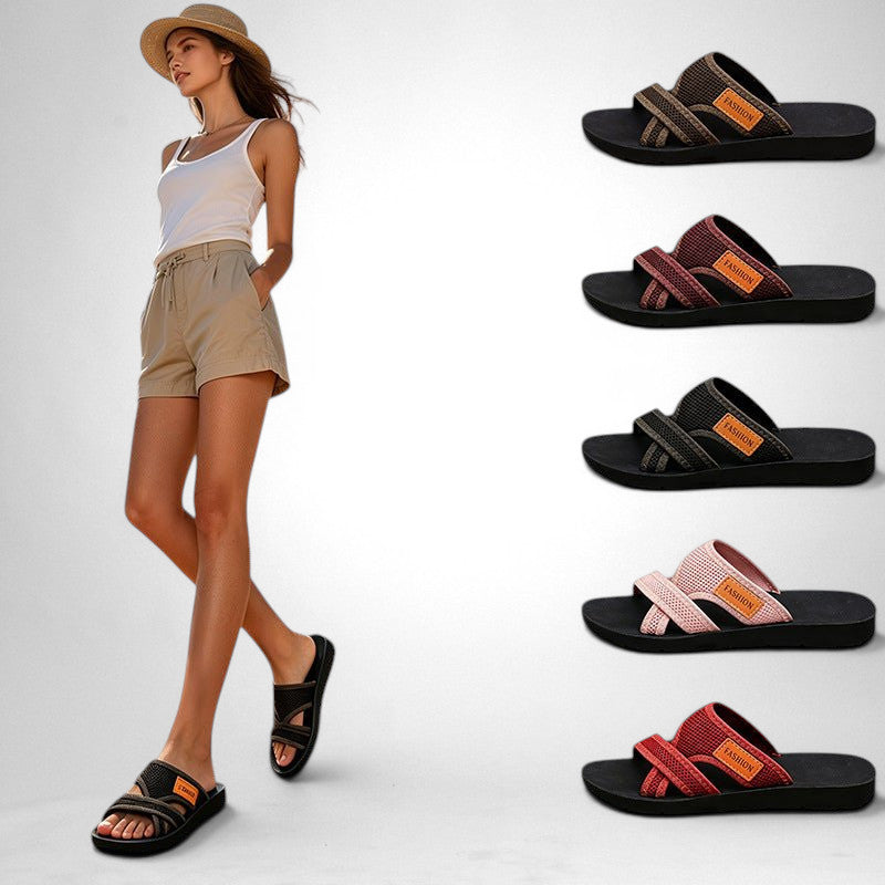 ZOFIA ATELIER Helena lightweight mesh fabric slippers for women, available in black, bright red, coffee brown, pink, and wine red.