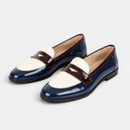ZOFIA ATELIER HELENA classic slip-on loafers in navy blue and cream with brown trim. Round toe.