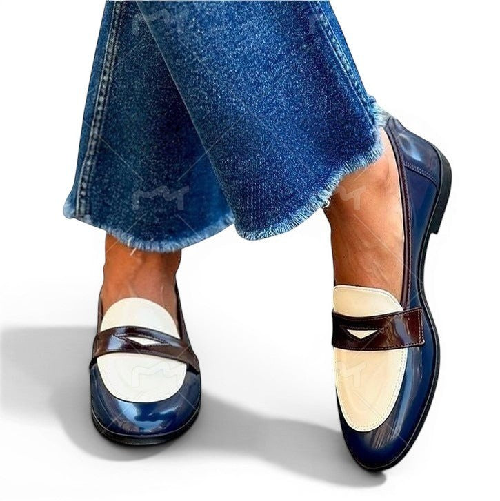 ZOFIA ATELIER HELENA classic slip-on loafers in navy blue patent leather with cream and brown accents.