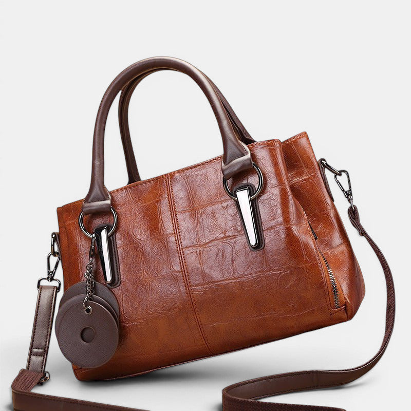 ZOFIA ATELIER HELENA Retro Contrast Bag in vintage brown PU leather with embossed crocodile texture and silver hardware.