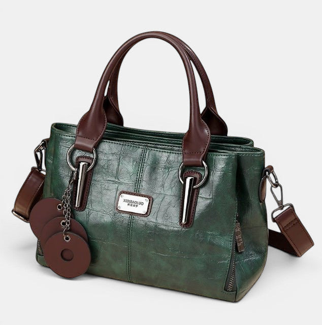 ZOFIA ATELIER Helena retro contrast bag in vintage brown PU leather with dark brown handles and strap. Features croc-embossed texture and silver hardware.