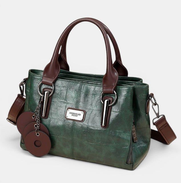 ZOFIA ATELIER Helena retro contrast bag in vintage brown PU leather with dark brown handles and strap. Features croc-embossed texture and silver hardware.