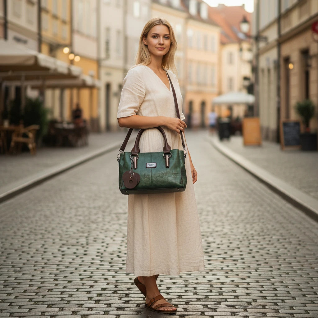 ZOFIA ATELIER HELENA retro contrast bag in vintage brown PU leather with dark brown straps and a circular charm.