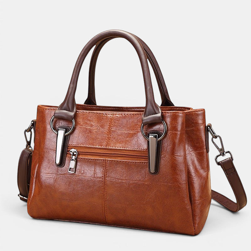 ZOFIA ATELIER Helena retro contrast bag in vintage brown PU leather with silver hardware and top handles.