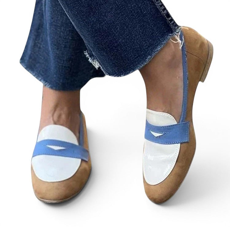 ZOFIA ATELIER HELENA classic slip-on loafers in tan suede with white and blue accents. Round toe.