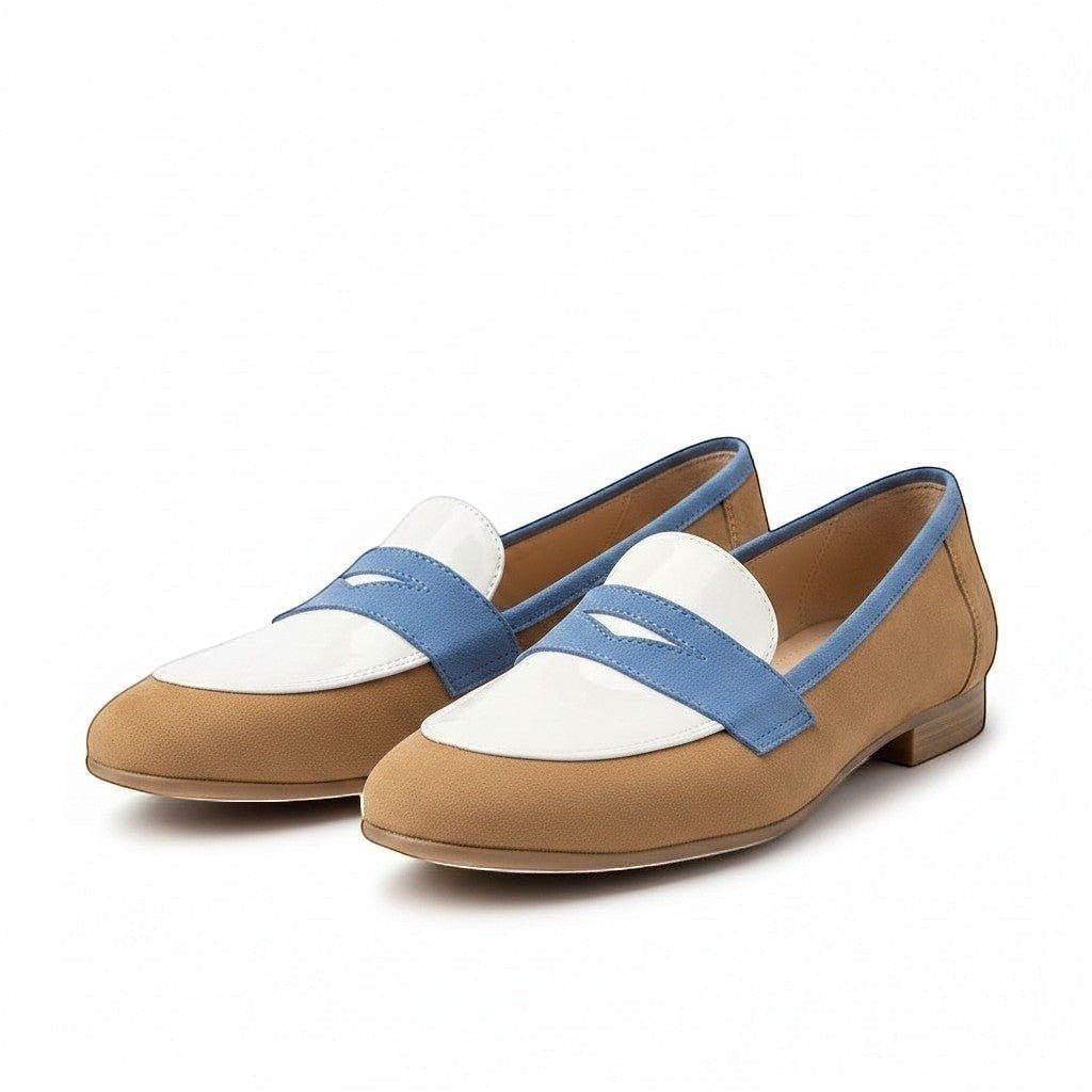 ZOFIA ATELIER HELENA classic slip-on loafers in tan suede with white patent toe and blue strap.