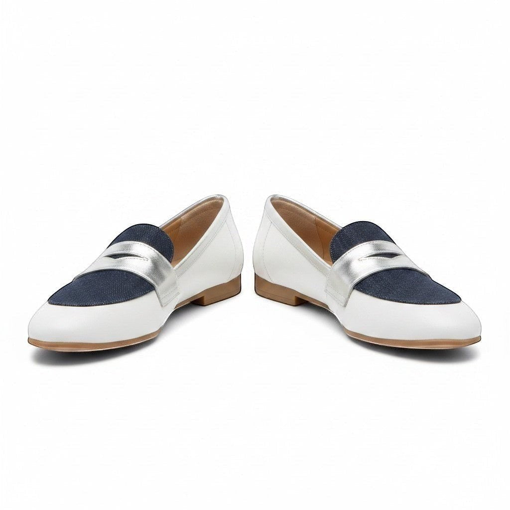 ZOFIA ATELIER HELENA classic slip-on loafers in white leather with dark blue denim and silver strap detail.