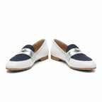 ZOFIA ATELIER HELENA classic slip-on loafers in white leather with dark blue denim and silver strap detail.