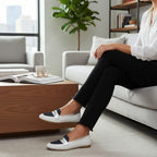 ZOFIA ATELIER Helena classic slip-on loafers in white and navy blue with silver accent.
