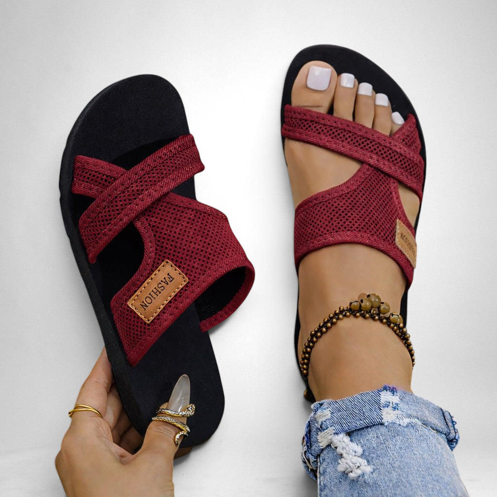 ZOFIA ATELIER Helena lightweight mesh slippers in wine red with criss-cross straps and a black sole.