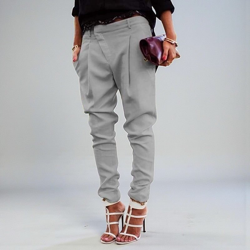 ZOFIA ATELIER light grey polyester blend high waist harem pants with pleats and cuffed ankles.