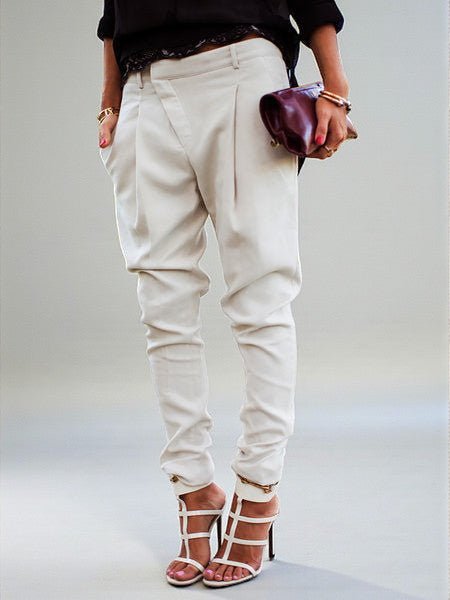 ZOFIA ATELIER high waist harem pants in off-white polyester blend, featuring a tailored fit and cuffed ankles.