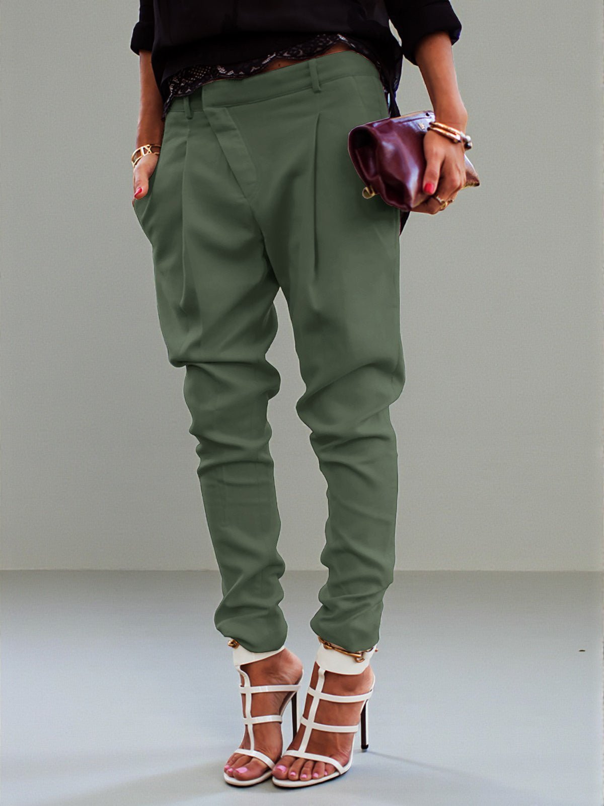 ZOFIA ATELIER high waist harem pants in olive green polyester blend, tailored fit, cuffed ankles.