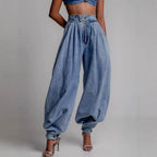 ZOFIA ATELIER light blue denim high waist loose jeans with zipper and ankle ties