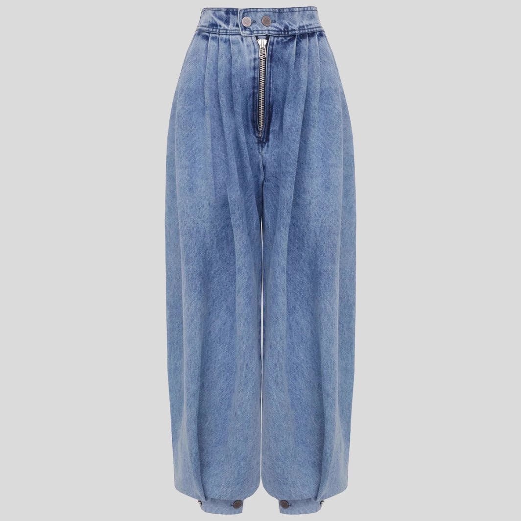 ZOFIA ATELIER high waist loose blue denim jeans with zipper and ankle ties. Polyester.