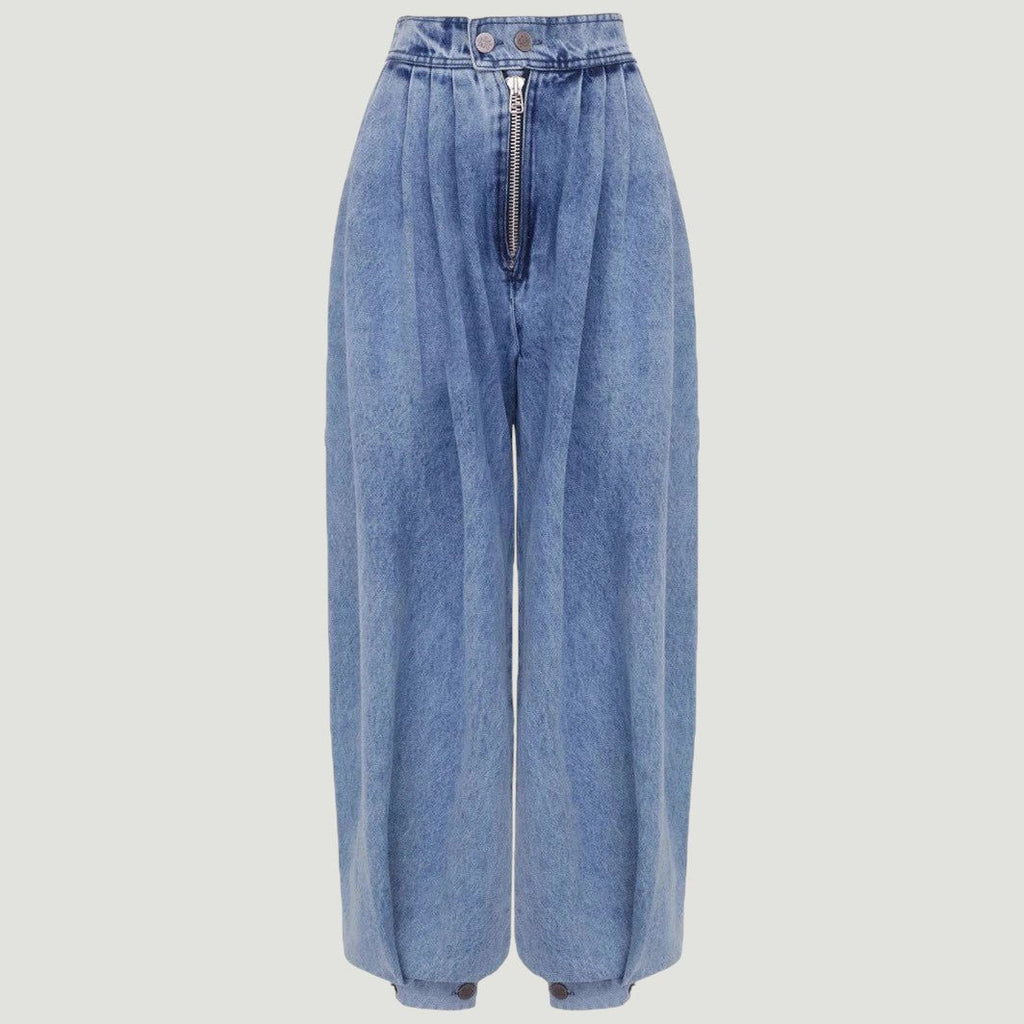 ZOFIA ATELIER high waist loose blue denim jeans with zipper and ankle ties