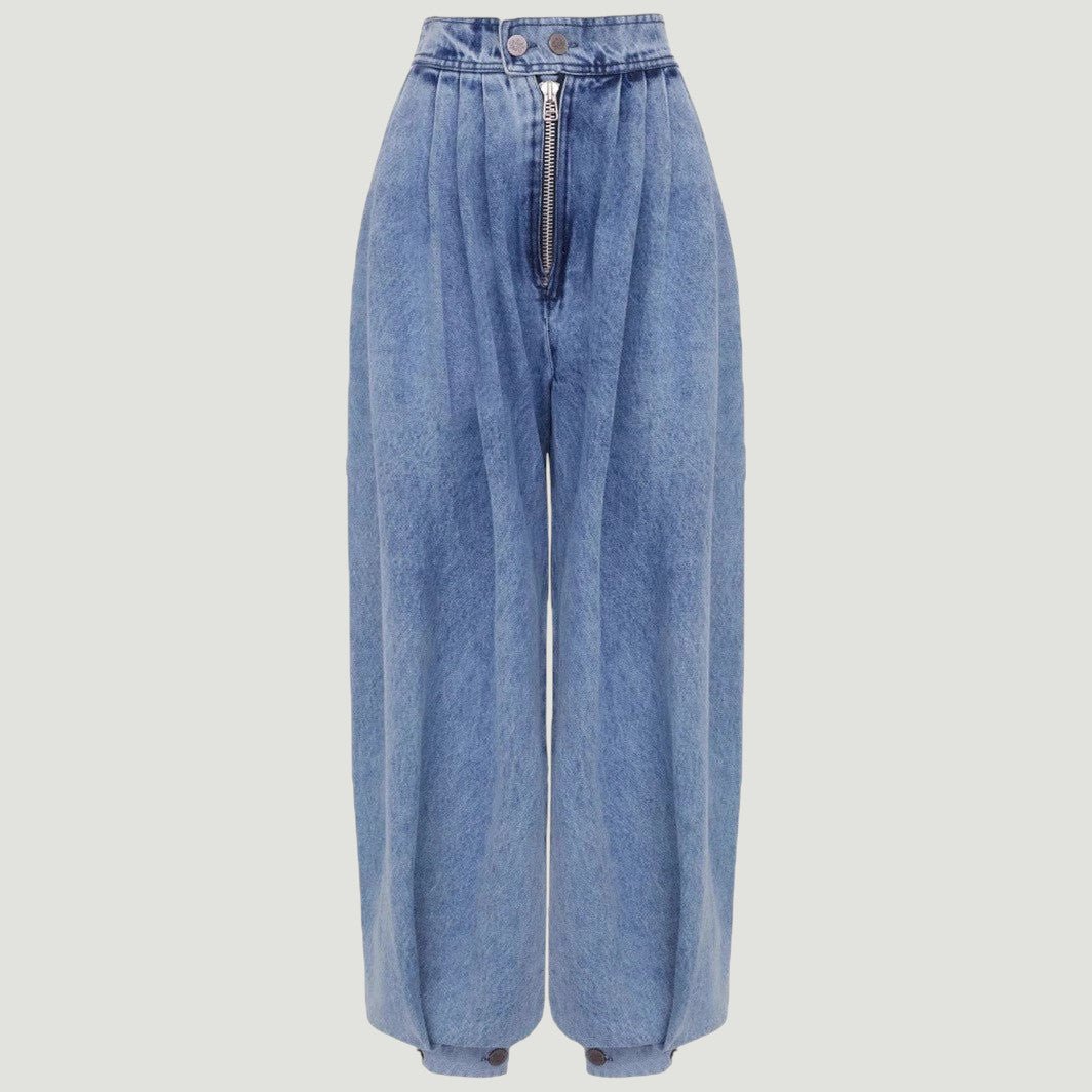 ZOFIA ATELIER high waist loose blue denim jeans with zipper and ankle ties