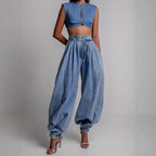 ZOFIA ATELIER light wash denim high waist loose jeans with zipper fly and ankle ties