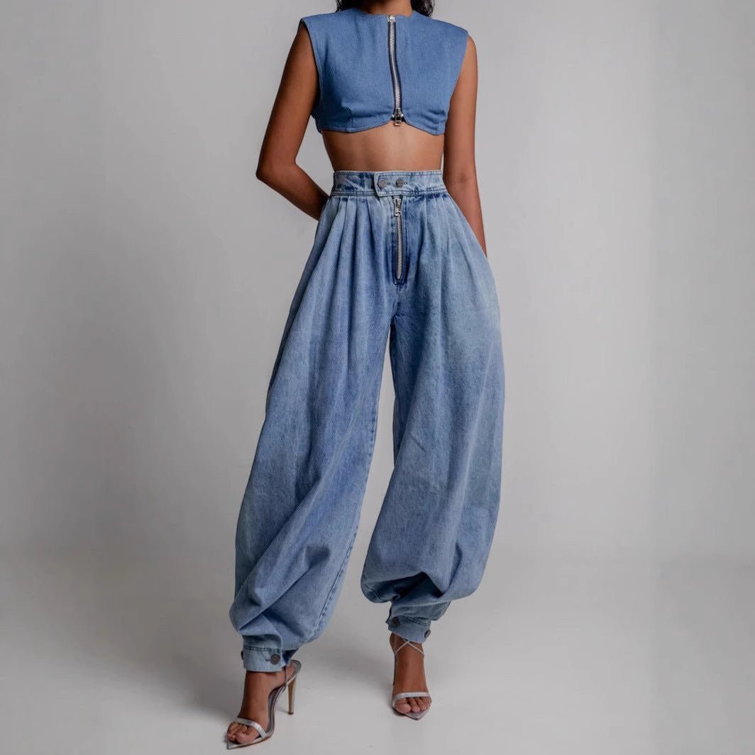 ZOFIA ATELIER light wash denim high waist loose jeans with zipper fly and ankle ties
