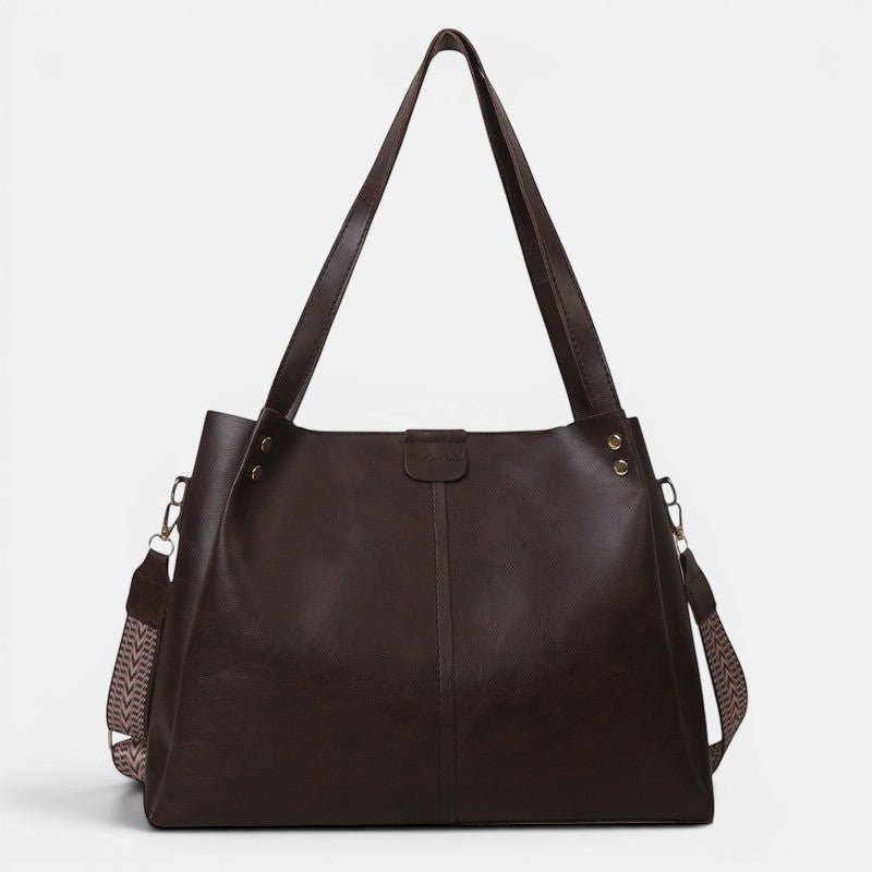 ZOFIA ATELIER Ilona retro tote bag in dark brown PU leather with a patterned strap. Versatile for daily use.