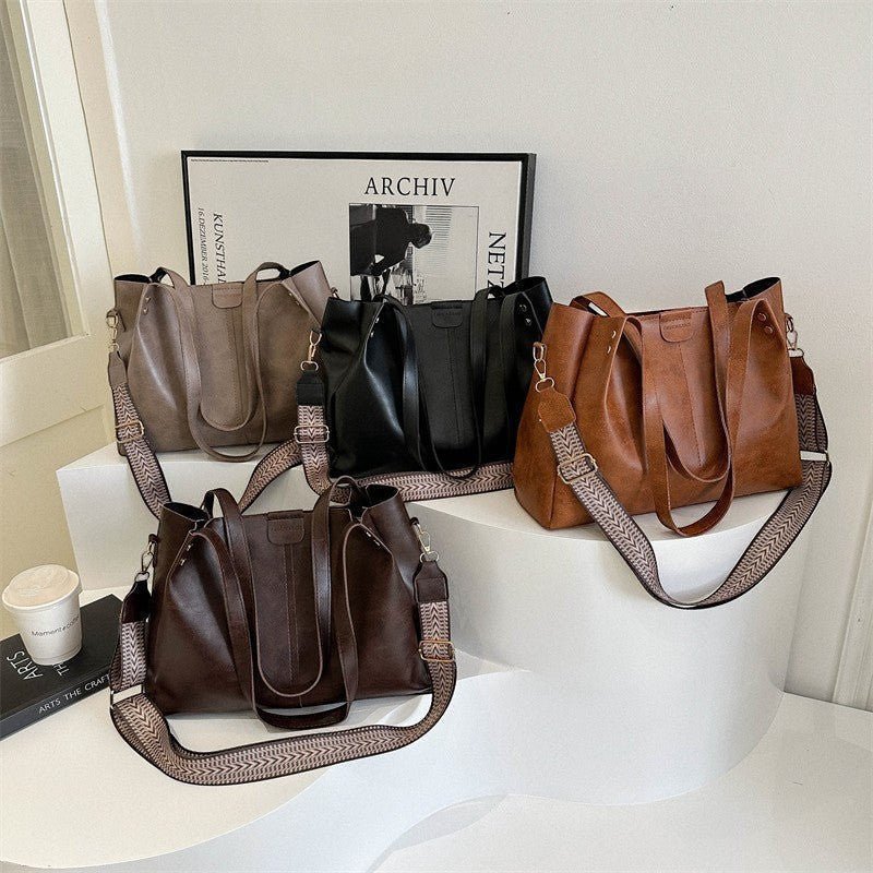 ZOFIA ATELIER Ilona Retro Tote Bag in brown PU leather with a decorative strap. Multiple bags shown.