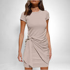 ZOFIA ATELIER INES short sleeve round neck beige cotton blend ruched bow tie mini dress