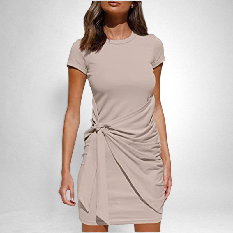 ZOFIA ATELIER INES short sleeve round neck beige cotton blend ruched bow tie mini dress