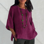 ZOFIA ATELIER Irena plum purple knit blouse with wide sleeves and green beaded necklace