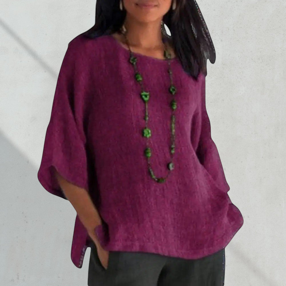 ZOFIA ATELIER Irena plum purple knit blouse with wide sleeves and green beaded necklace
