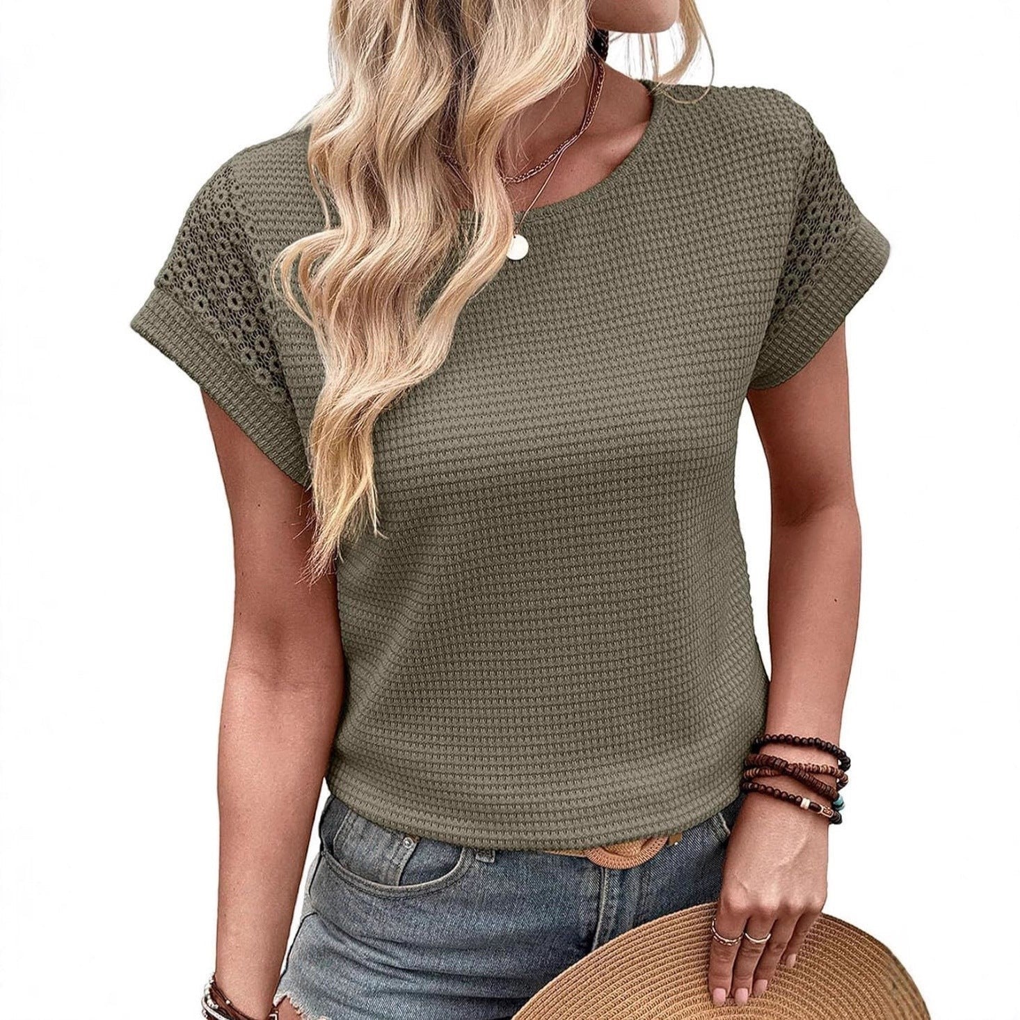 ZOFIA ATELIER Isa crew neck short sleeve blouse in olive green waffle knit with lace detail on sleeves.
