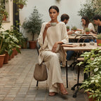 ZOFIA ATELIER Isabela relaxed-fit beige polyester long sleeve top and full-length pants set.