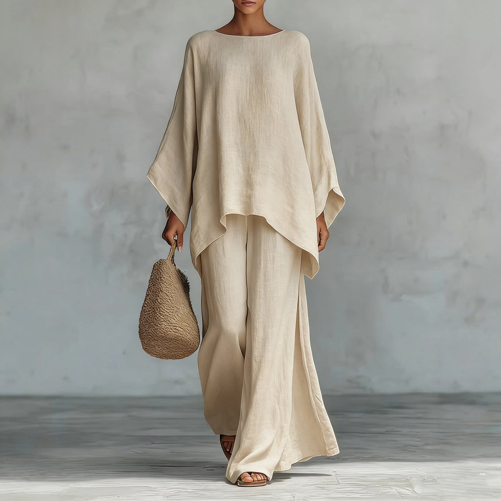 ZOFIA ATELIER Isabela beige relaxed-fit polyester long sleeve top and wide leg pants set