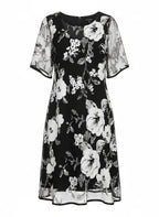 ZOFIA ATELIER Isabella black chiffon dress with white floral print, A-line skirt, high waist, short sleeves.