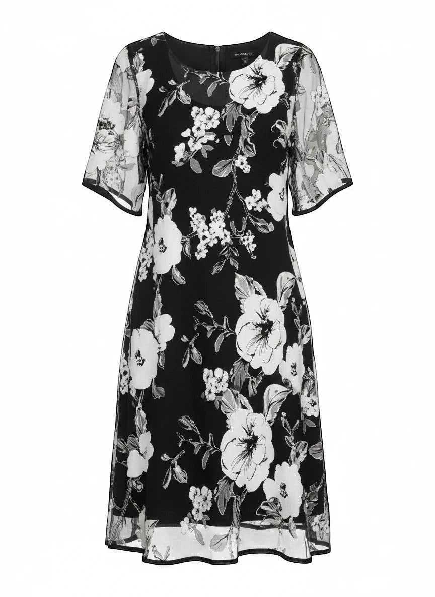 ZOFIA ATELIER Isabella black chiffon dress with white floral print, A-line skirt, high waist, short sleeves.