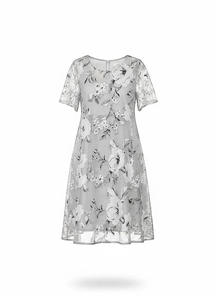 ZOFIA ATELIER Isabella dress: grey chiffon A-line skirt with floral print, short sleeves, high waist.