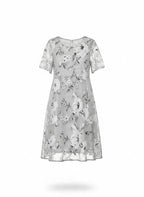 ZOFIA ATELIER Isabella dress: grey chiffon A-line skirt with floral print, short sleeves, high waist.