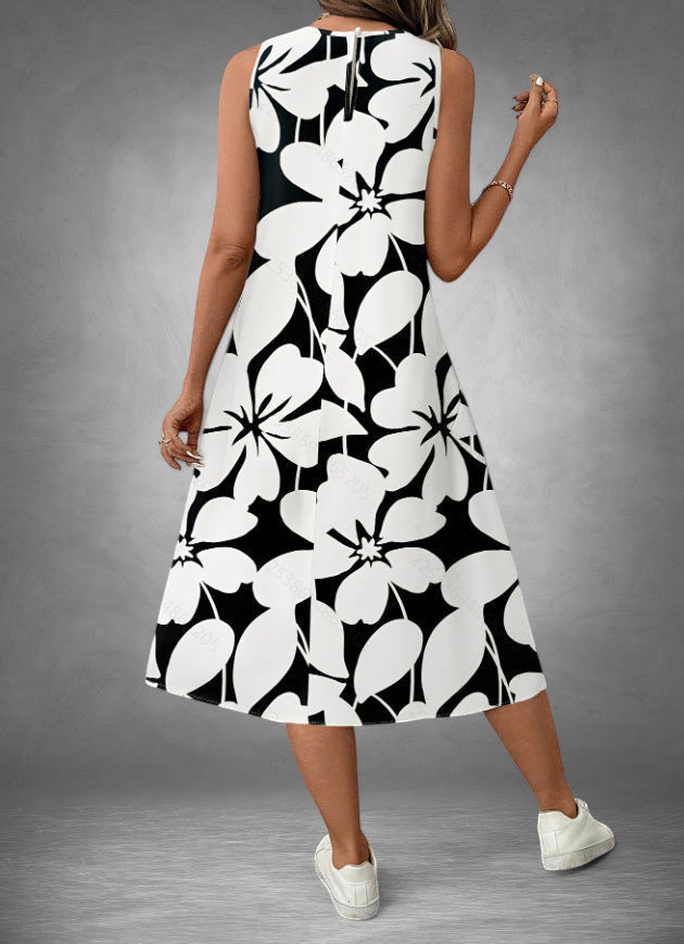 ZOFIA ATELIER Isabella sleeveless floral print polyester midi dress in black and white.