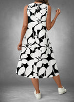 ZOFIA ATELIER Isabella sleeveless floral print polyester midi dress in black and white.